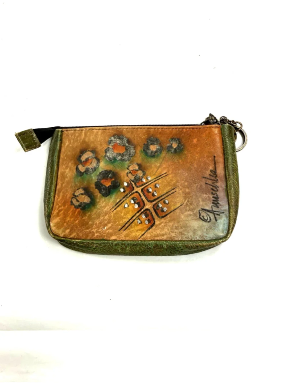 Anuschka Genuine Hand Painted Leather Zip Coin Purse Key Purse Floral